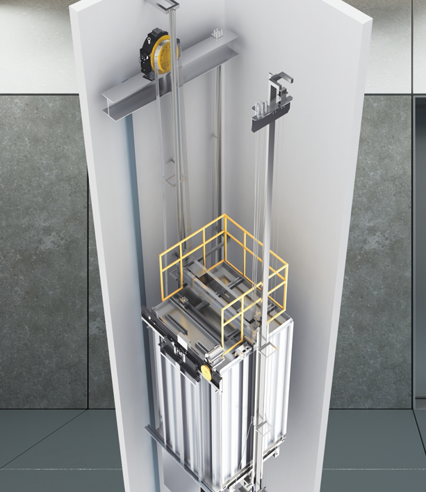 Machine-room-less elevator system installed within a vertical shaft